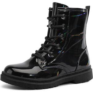 Girls Black Rubber Ankle Side Zipper Lace Up Stylish Comfort Glitter Boots